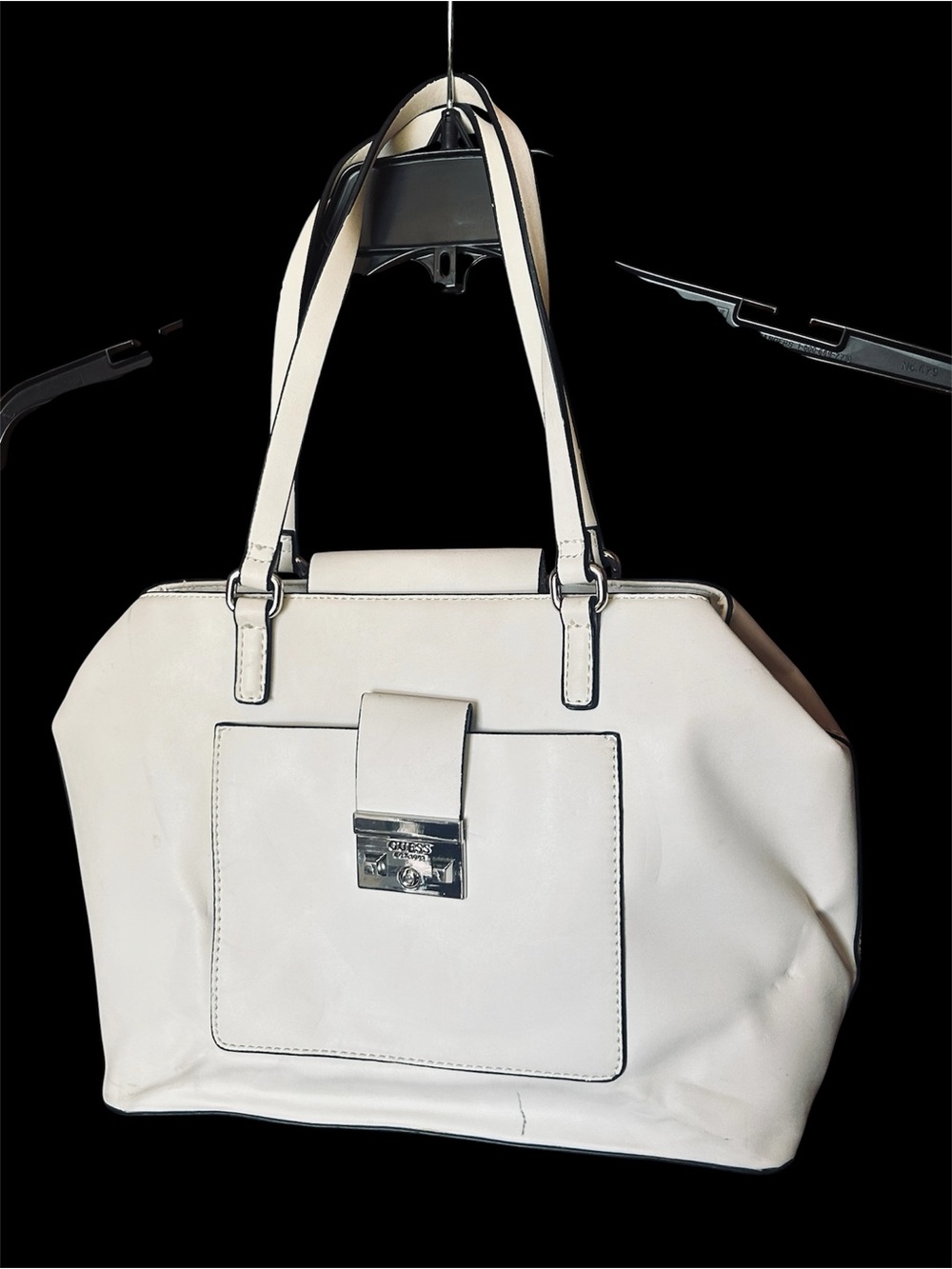 Guess White/Cream Structured Satchel with silver-tone hardware